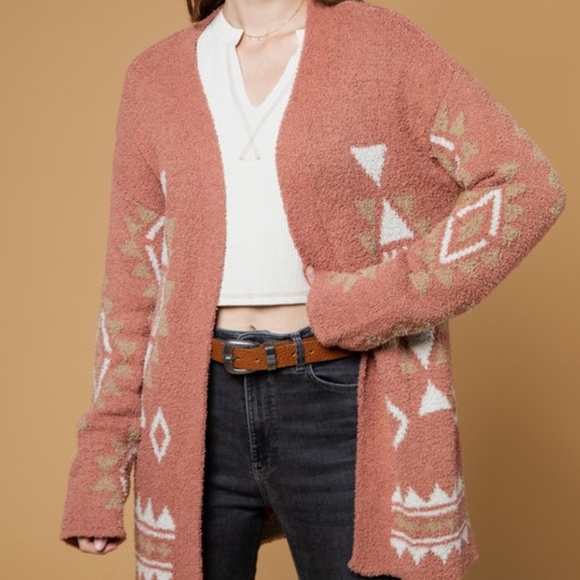 Last 1! NWT Super Cozy Aztec Cardigan Sweater in Clay - Picture 2 of 9